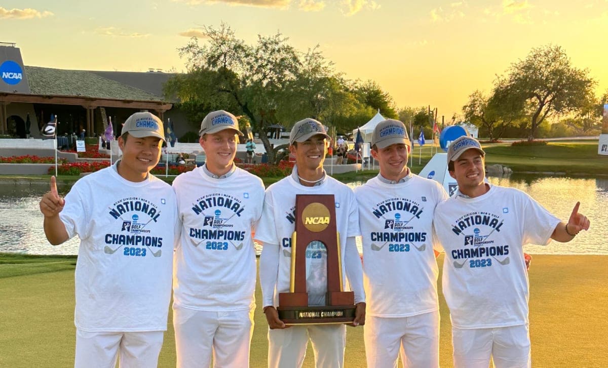 Lin Yu-Xin celebrating Florida Mens Golf NCAA Championship - Crownline Sports athlete development